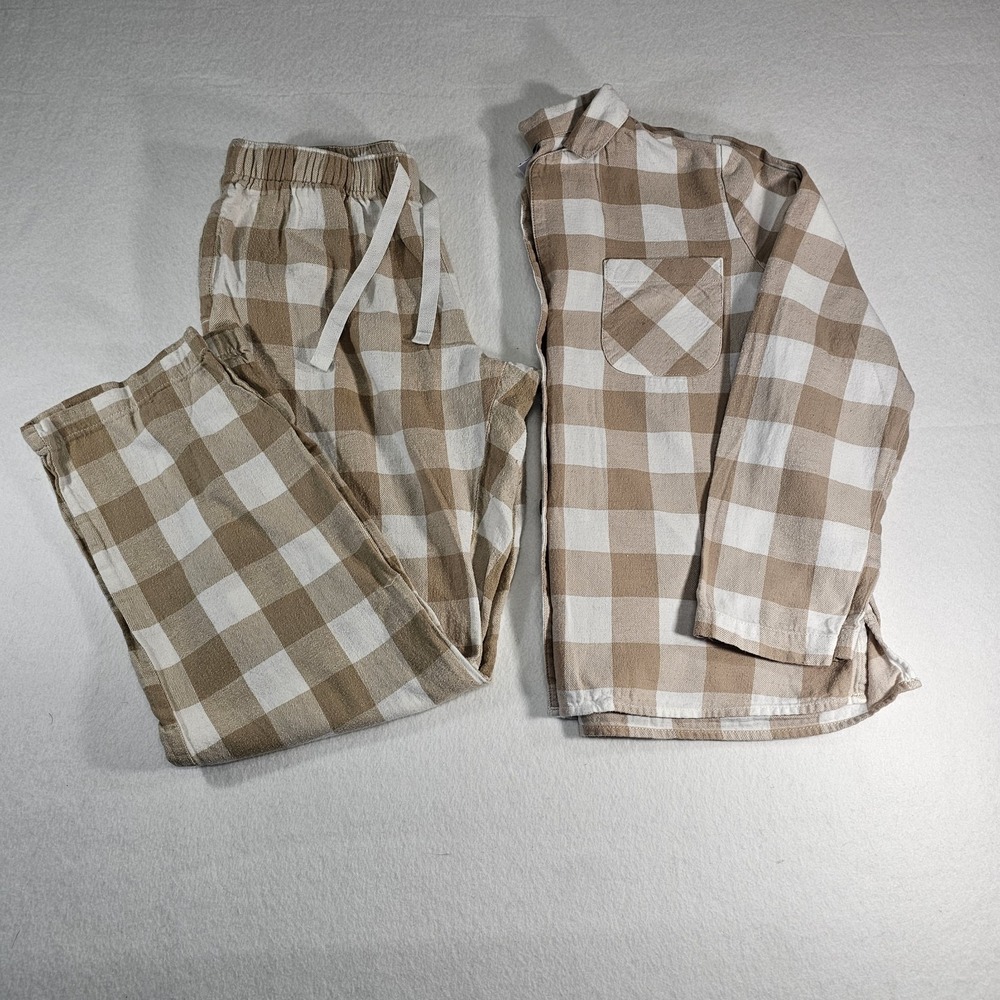 Old Navy Mens Medium Beige White Check Flannel Long Sleeve Sleep Shirt And Pants